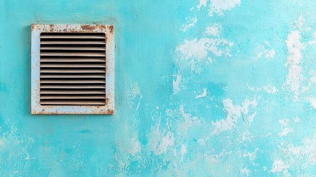 Grimy air vent on weathered turquoise wall, showcasing rust and peeling paint, evokes sense of neglect and decay