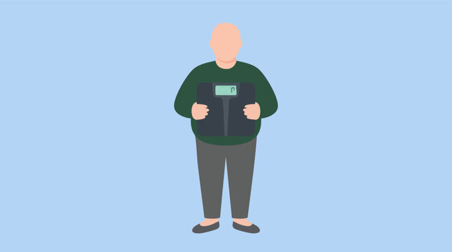 Illustration of an overweight person holding a digital weight scale with zero