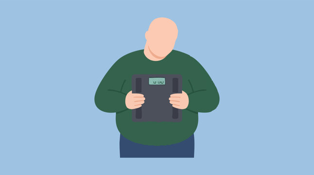 Overweight person holding a digital weighing scale, weight management concept