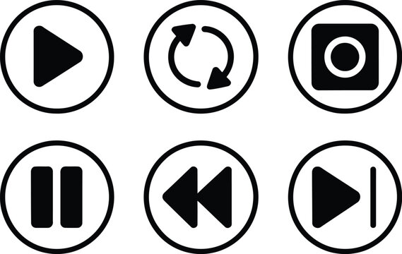 Player button icon set, play streaming symbols representing playback controls media player video audio entertainment interface applications websites and digital platforms