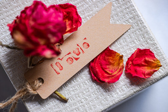 Dried red rose petals and love tag on gift box