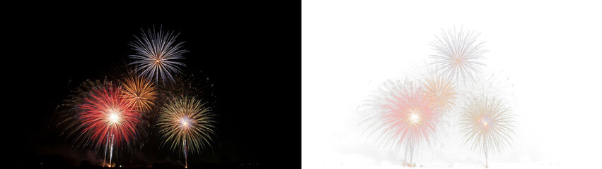 Fototapeta premium Vibrant multicolored fireworks display bursting in the night sky, creating a spectacular celebration of light and color during a festive holiday event isolated on transparent background