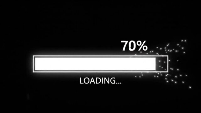 Glowing futuristic digital progress bar loading at seventy percent with energy sparkles on a dark black background conceptual technology interface