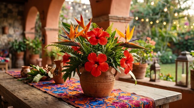 Tropical hibiscus and bird of paradise flower arrangement in ceramic pot on rustic outdoor table