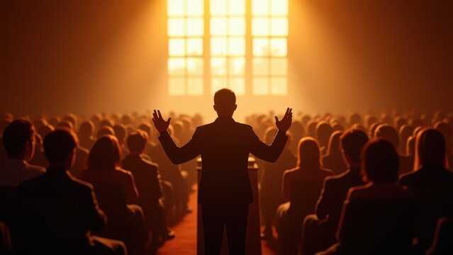 Wide town hall meeting room, diverse residents seated in rows raising hands to speak, moderator silhouette at podium, warm overhead light with soft window glow