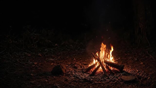 Campfire burning brightly at night in a dark forest clearing