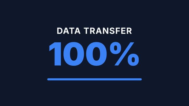 Data transfer progress bar animation, showing percentages from 0 to 100 percent, with a loading bar, symbolizing data upload, download, and transfer process