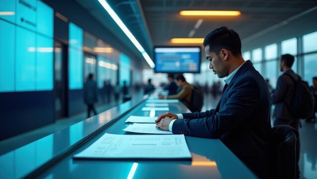 Wide customs inspection counter, officers hands checking wide declaration form, traveller waiting patiently, cool fluorescent official lighting
