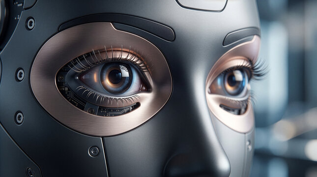 Extreme close up macro portrait of a humanoid robot face with detailed cybernetic eyes looking ahead symbolizing artificial intelligence and vision