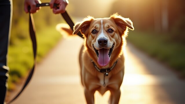 Close-up on hands clipping wide leash onto excited dogs collar before walk, tail wagging in motion blur, blurred hallway extending behind, warm morning light