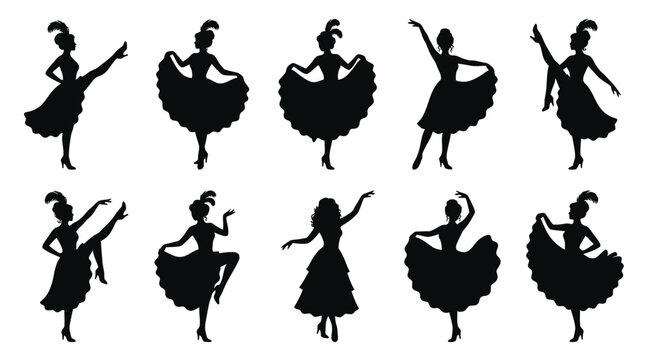 Elegant burlesque cabaret dancers performing dynamic movements in black silhouettes captured on a white background as isolated flat vector graphics