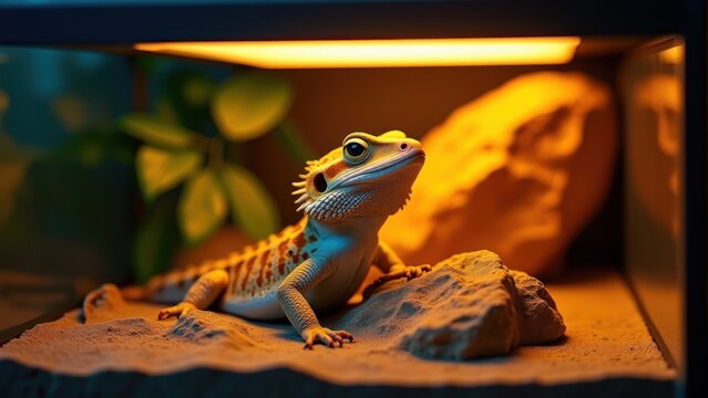 Wide reptile terrarium at home, bearded dragon basking under warm lamp, textured rock and sand visible, cool ambient room light with warm heat glow