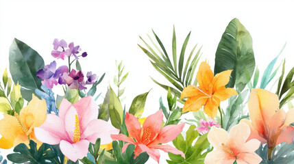 Fototapeta premium Vibrant watercolor floral arrangement featuring various flowers and green leaves, creating lively and cheerful atmosphere