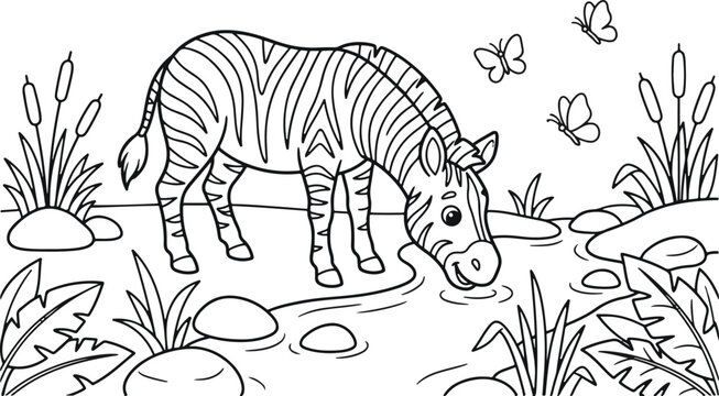 Black and white coloring page featuring a cute zebra drinking water in a peaceful nature scene