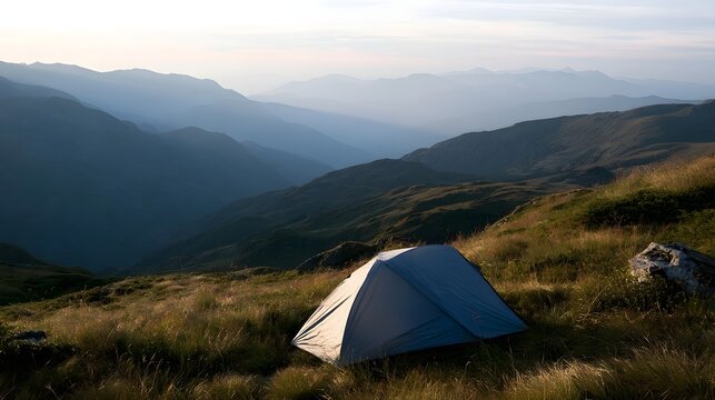 A solitary blue and white tent nestled on a grassy mountain ridge overlooking layered valleys under soft morning light