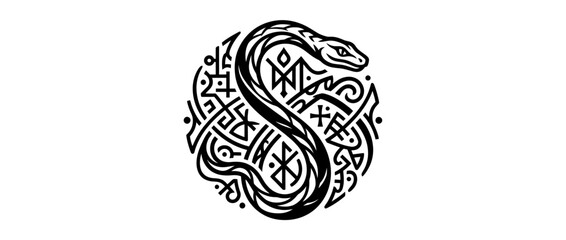 Fototapeta premium Stylized Serpent in Circular Ornate Design, Isolated