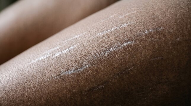 Close up view of stretch marks and scars on human dark skin