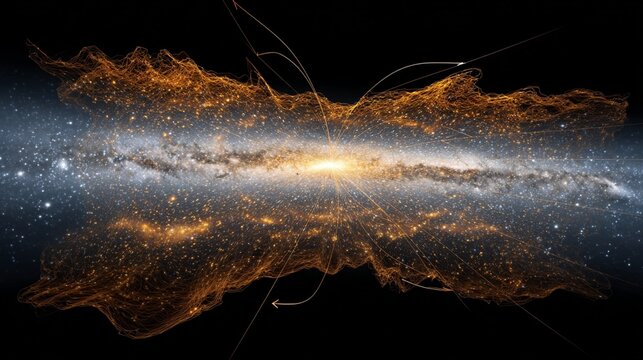 Stunning 3D Visualization of a Dipole Repeller Revealing Cosmic Structures in a Vast Galactic Scene, with Glowing Orange Tendrils and a Bright Central Core Against a Dark Background