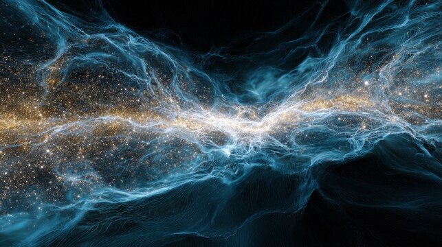 A captivating 3D visualization of the Dipole Repeller, showcasing a mesmerizing cosmic environment filled with ethereal wisps of blue and golden light, creating a sense of wonder and vastness amidst t