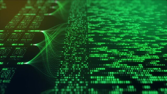 Neural Network Big Data Flow Visualization, Binary Code Matrix, AI Machine Learning Abstract Background, Quantum Computing, Cyber Security, Futuristic Technology Artificial Intelligence Digital Grid