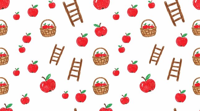 Hand drawn loosely scattered red apples and baskets harvest horizontal pattern in crayon style