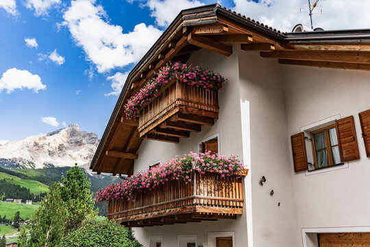 Alpine chalet balconies in Corvara in Badia, Dolomites