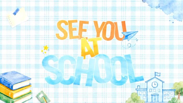 Watercolor school themed banner with text against a blue plaid