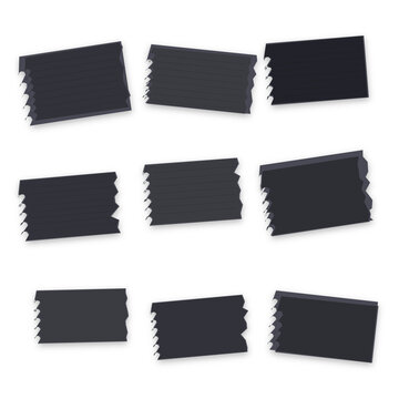 Set of black torn paper scrap rectangles on transparent background