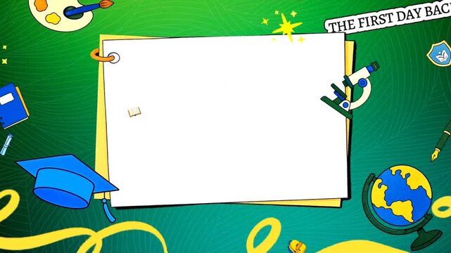 Animated school supplies frame on green background for back to school
