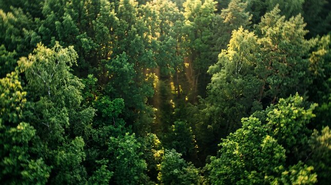 Aerial tilt-shift shot of dense green forest canopy with golden sunlight rays filtering through tree branches