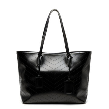 Black leather tote bag with geometric pattern flap