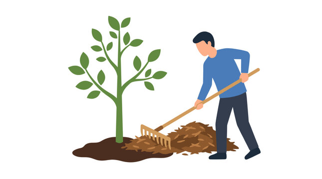 Man raking mulch around a young green tree.