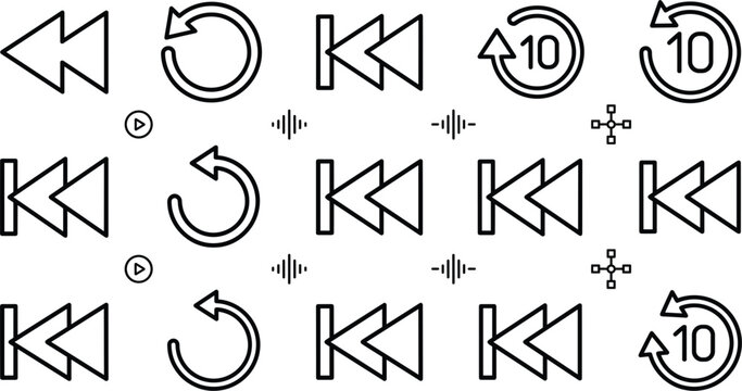 Media player control buttons line art vector icons set featuring rewind fast backward restart and skip elements