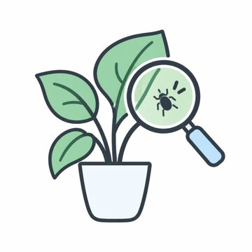 虫眼鏡で観葉植物の害虫を点検する様子