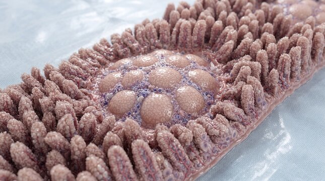 3D rendering of intestinal villi and mucosal epithelial tissue under high magnification
