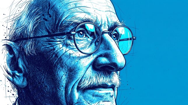an elderly man wearing round wire-rim glasses, prominent hooked nose Mahatma gandhiji.