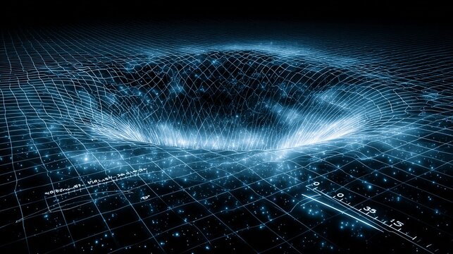 A captivating conceptual visualization of the integrated Sachs-Wolfe effect, showcasing a dark vortex in a luminous grid, symbolizing gravitational waves and cosmic phenomena in a starry universe.