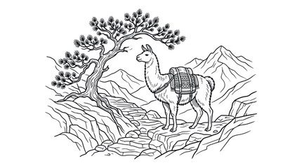 Obraz premium Pack llama on rocky mountain path line art.