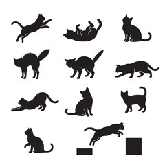 Fototapeta premium Set of Black Cat Silhouettes in Various Poses Vector