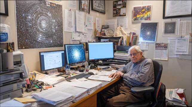 An elderly cosmologist sits alone in a cluttered office at night, surrounded by multiple screens displaying cosmic images and research papers, portraying a contemplative atmosphere filled with scienti