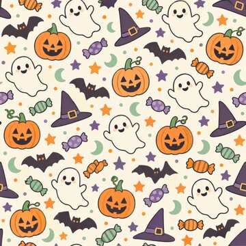 おばけとかぼちゃとお菓子のハロウィーン総柄