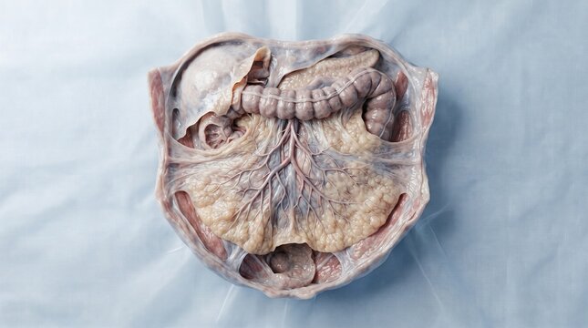 3D anatomical illustration of abdominal viscera and mesenteric blood vessels on a blue sterile surgical drape