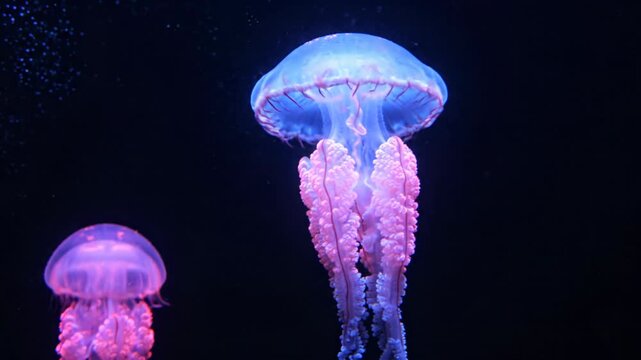 Oceans Ethereal Glow Bioluminescent Jellyfish, Marine Creatures Drifting in Deep Sea Underwater Nature, Blue and Pink Pink Animals Mesmerizing Dance of Wonder and Tranquility