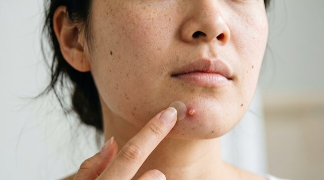 Close up of woman applying transparent pimple patch on acne inflamed chin
