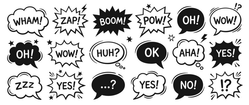Hand Drawn Speech Bubbles with Comic Words Isolated