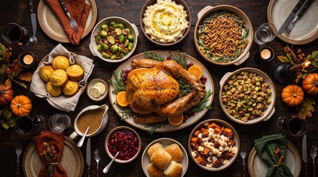 Overhead view of a festive thanksgiving or holiday dinner table filled with traditional food dishes