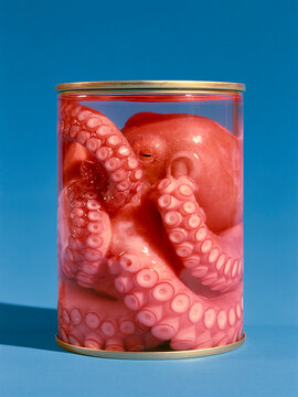 Surreal canned octopus still life on vibrant blue background