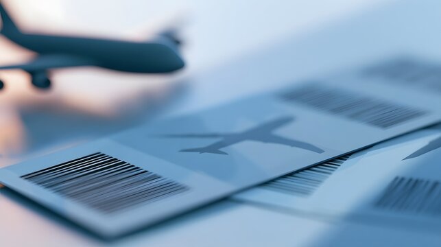 A close up of airline tickets with barcode and airplane silhouette  with a toy airplane in the background