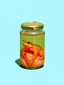 Surreal canned frog still life with colorful studio light