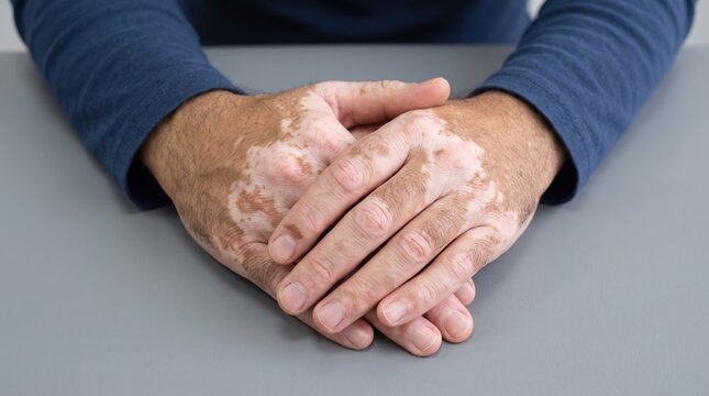 Close up of male hands with vitiligo autoimmune condition showing depigmented white skin patches